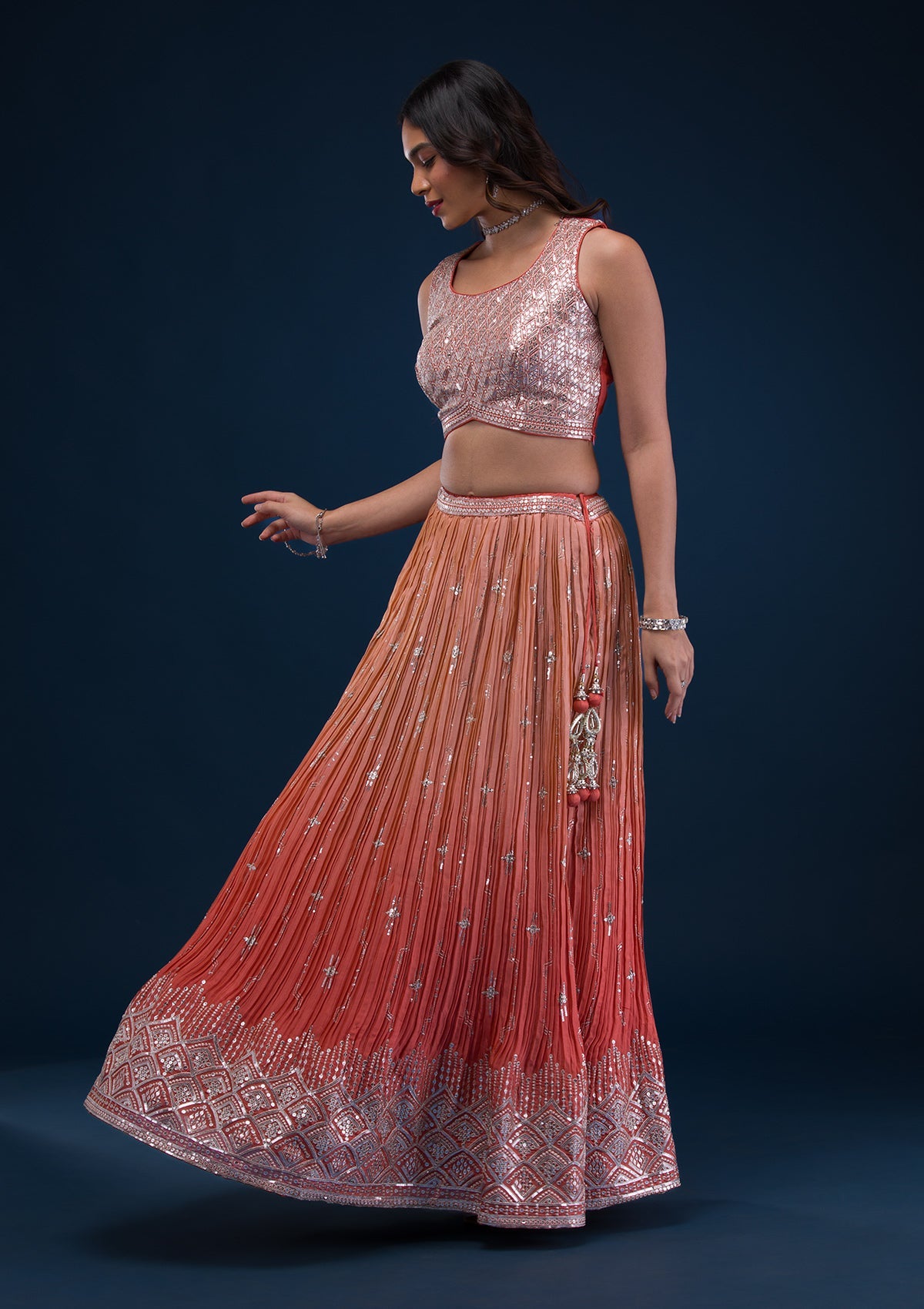 Rust Zariwork Semi Crepe Readymade Lehenga-Koskii