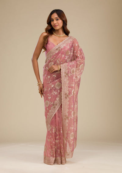 Rust Zariwork Tissue Saree-Koskii