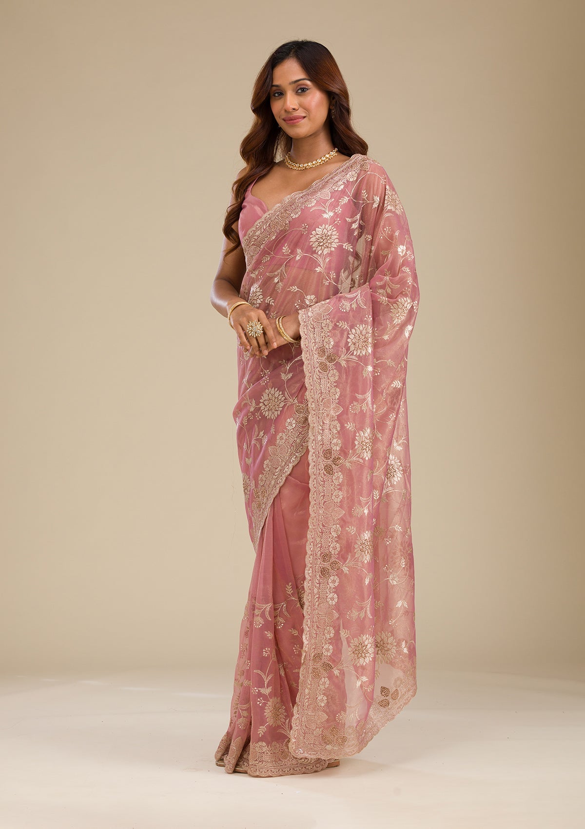 Rust Zariwork Tissue Saree-Koskii