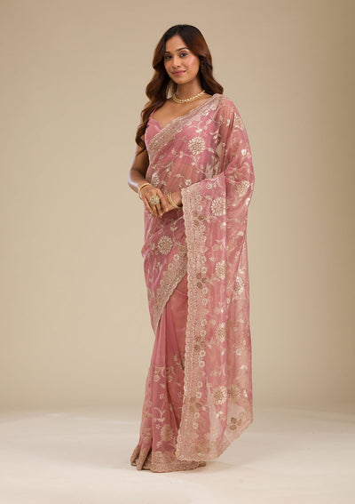 Rust Zariwork Tissue Saree-Koskii