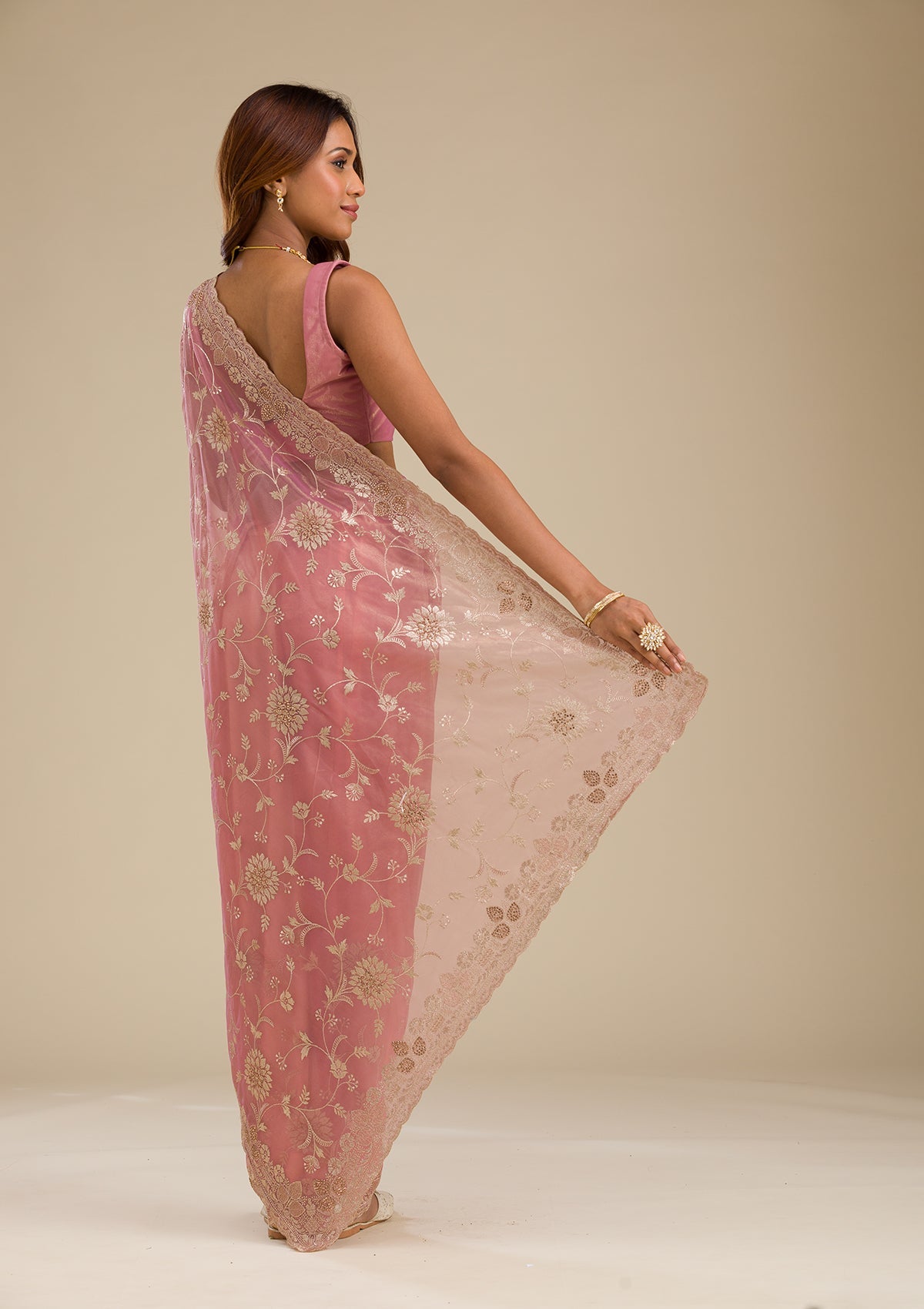 Rust Zariwork Tissue Saree-Koskii