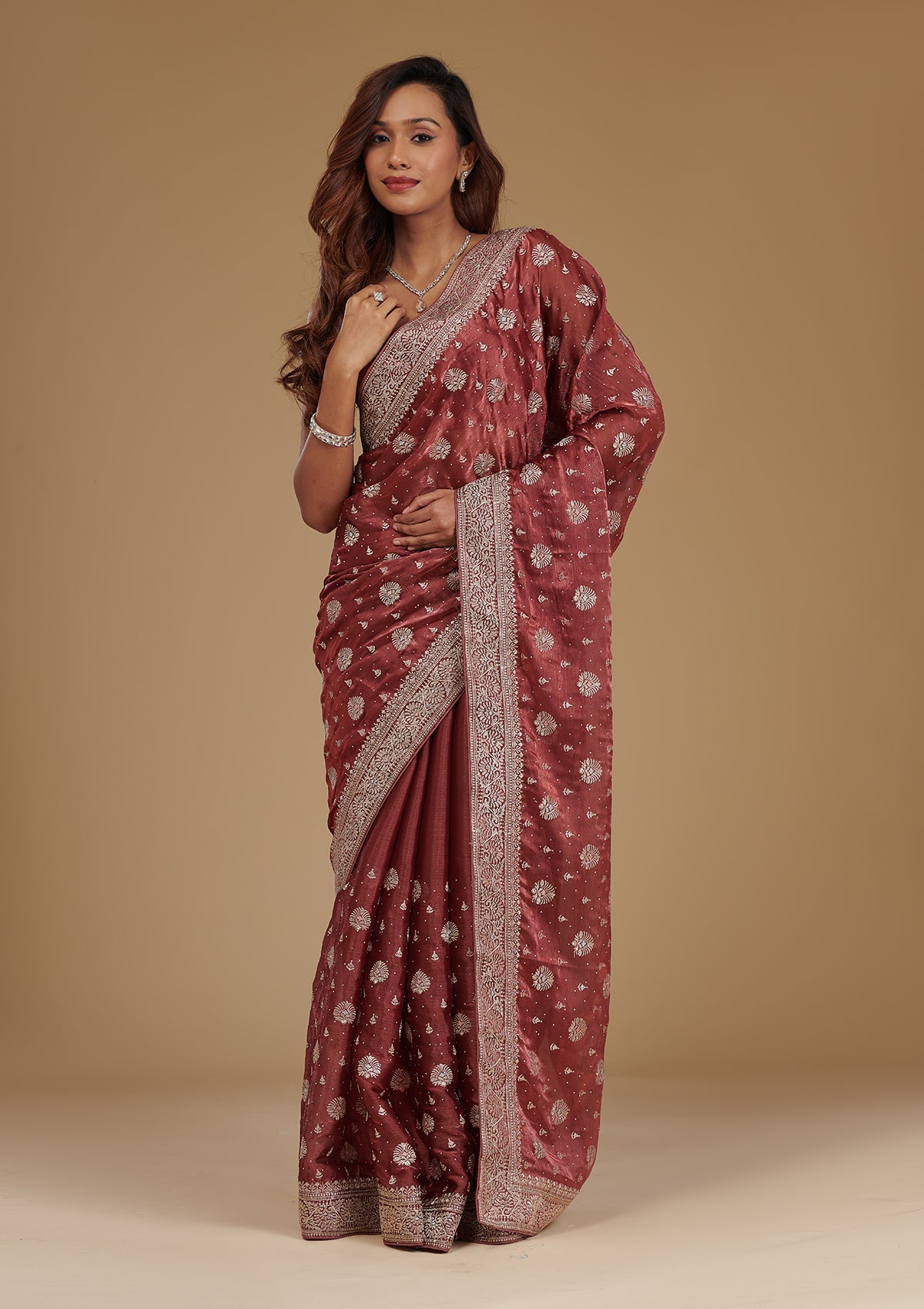 Rust Zariwork Tissue Saree-Koskii