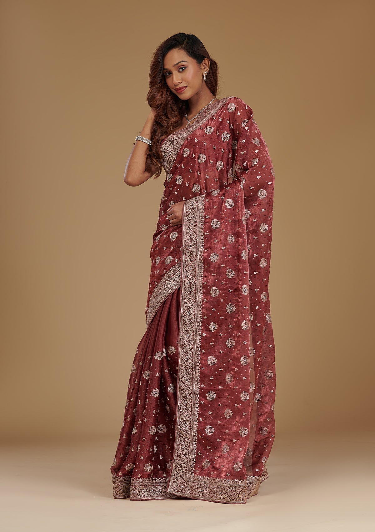 Rust Zariwork Tissue Saree-Koskii