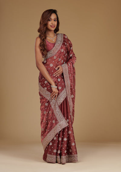 Rust Zariwork Tissue Saree-Koskii