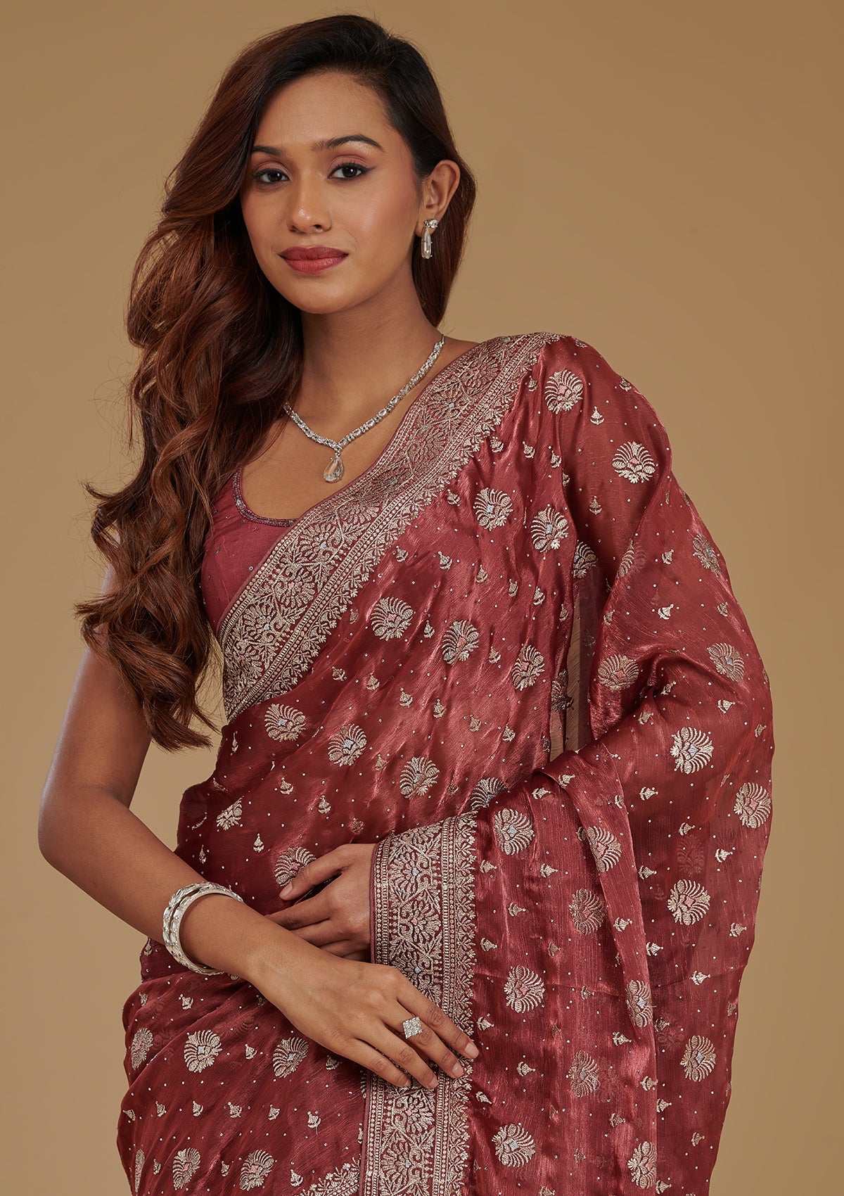 Rust Zariwork Tissue Saree-Koskii