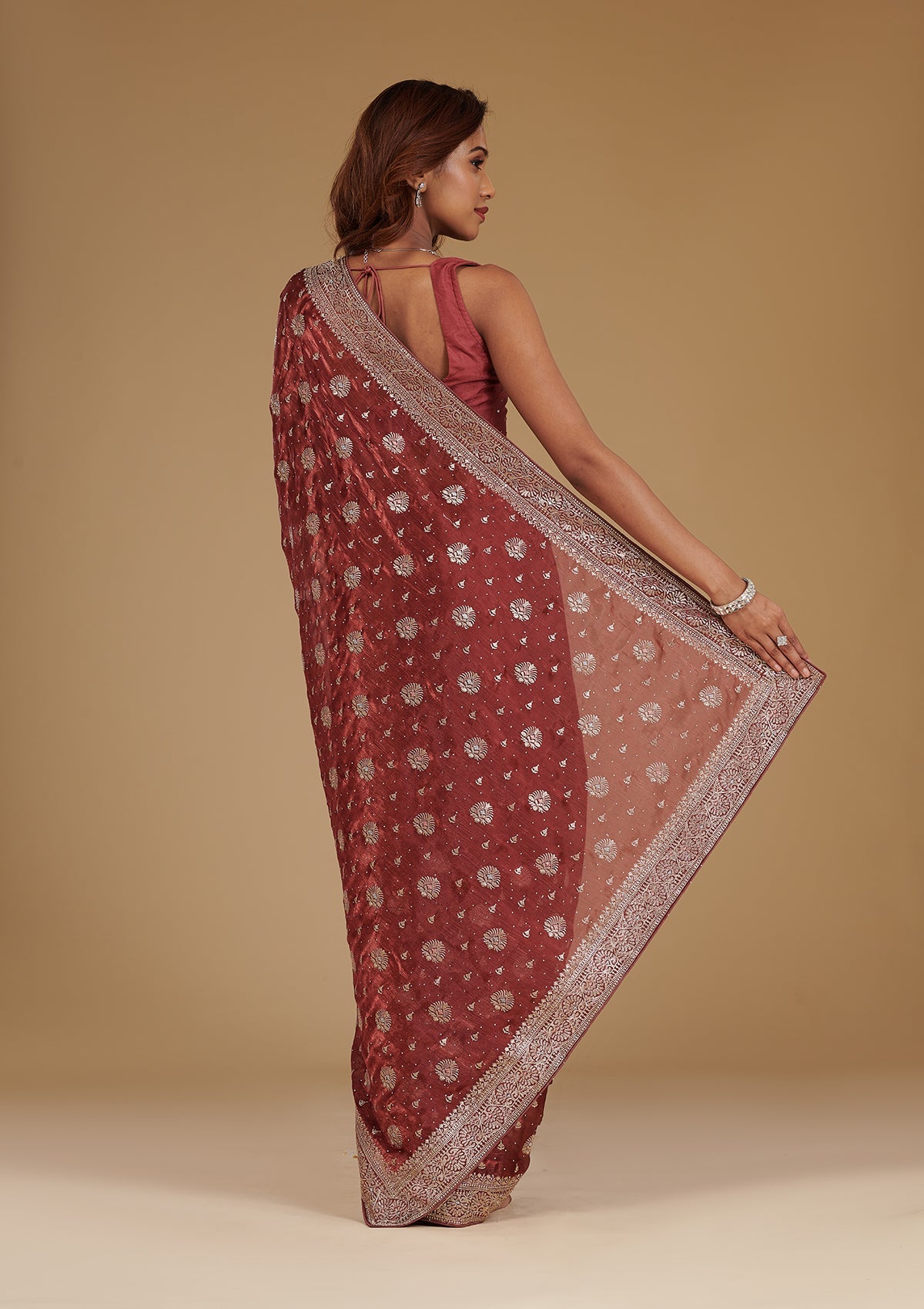 Rust Zariwork Tissue Saree-Koskii