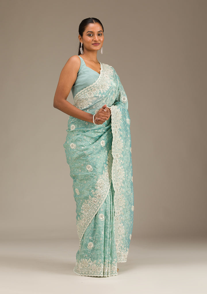 Sea Green Sequins Tissue Saree