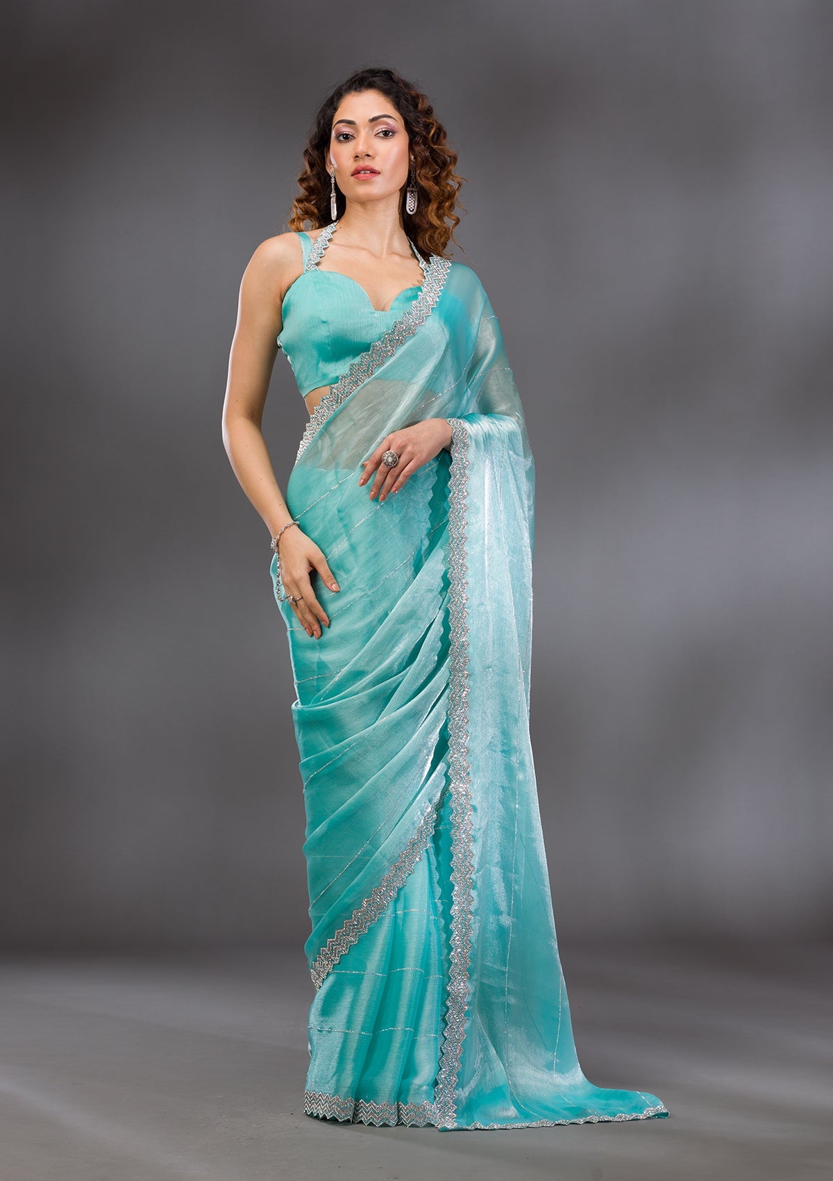 Sea Green Silver Stonework Satin Saree-Koskii