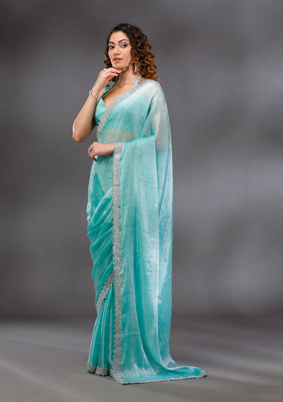 Sea Green Silver Stonework Satin Saree-Koskii