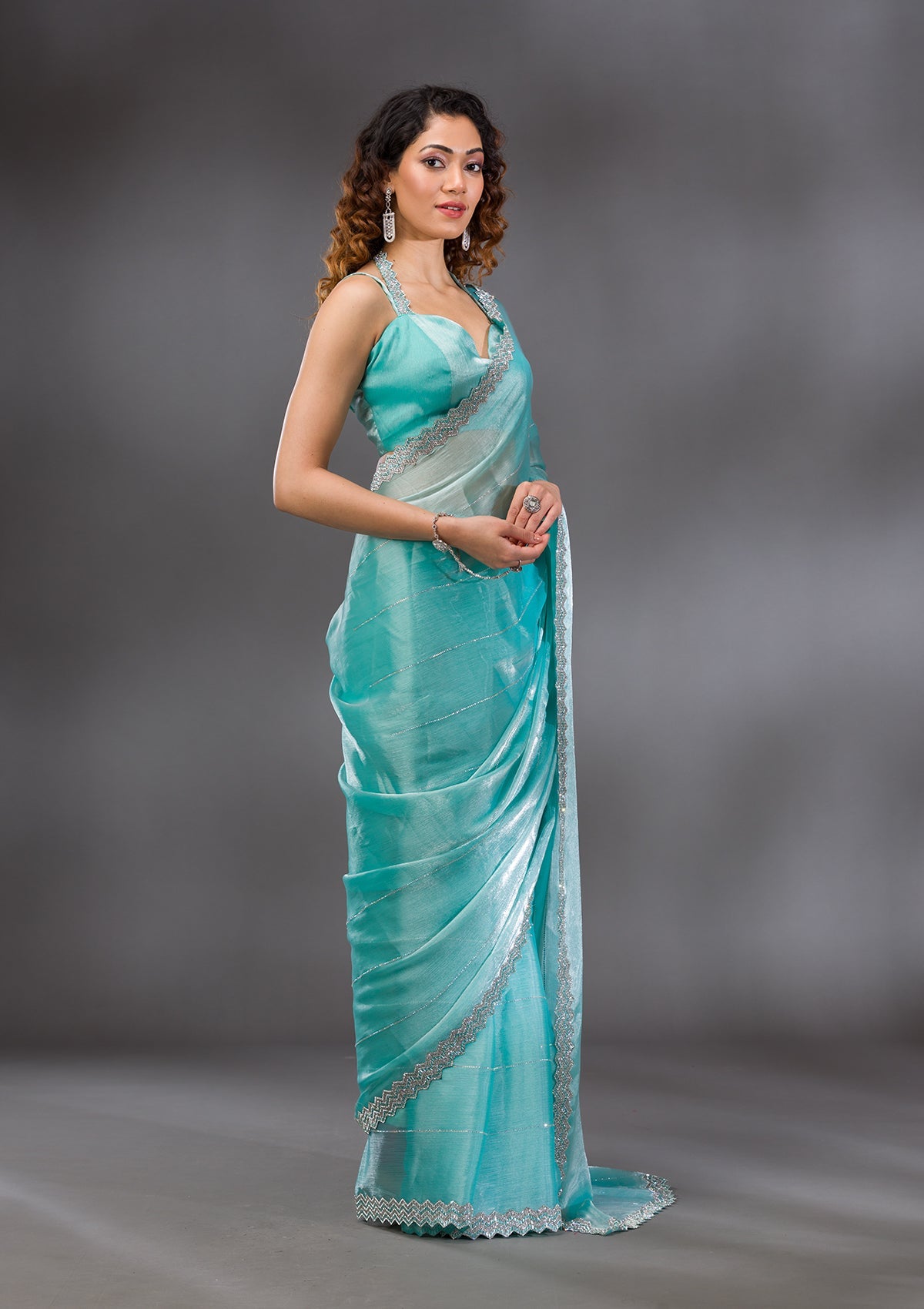 Sea Green Silver Stonework Satin Saree-Koskii