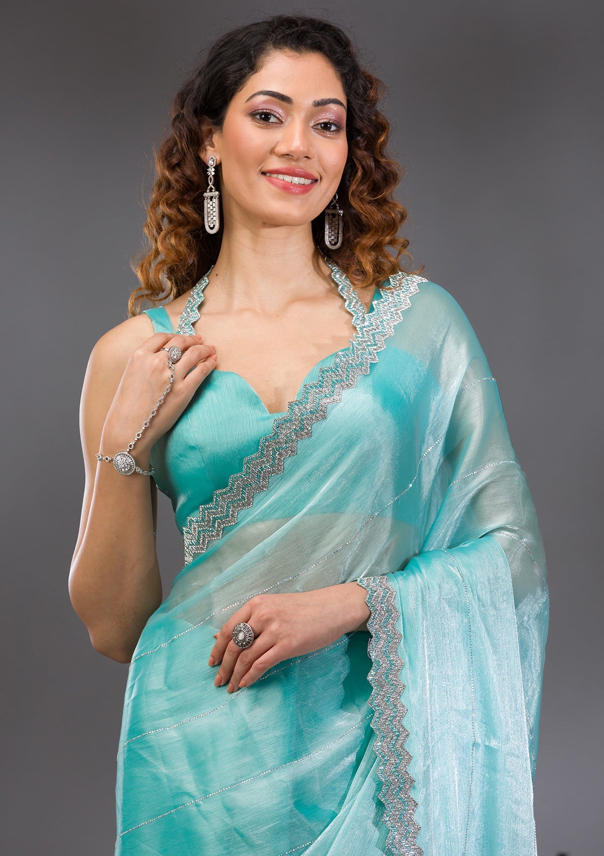 Sea Green Silver Stonework Satin Saree-Koskii