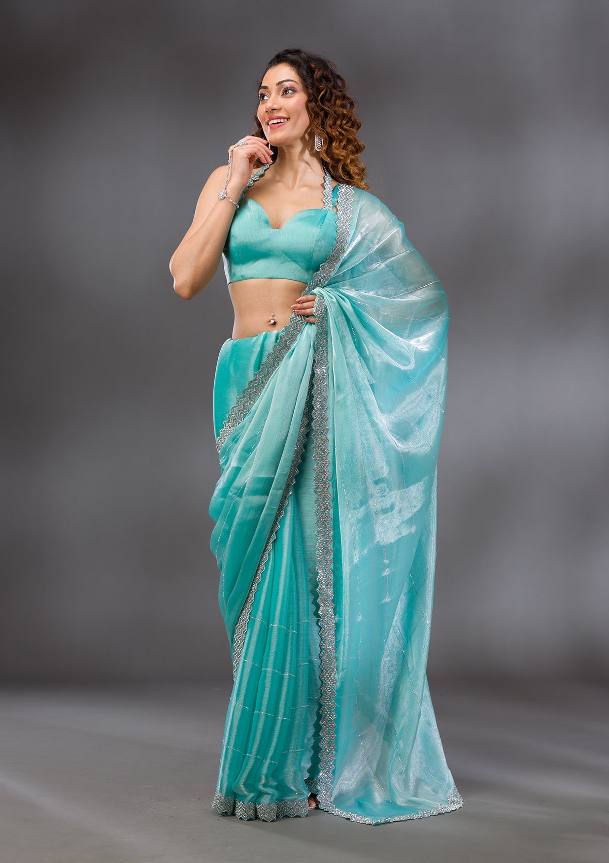 Sea Green Silver Stonework Satin Saree-Koskii