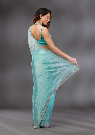 Sea Green Silver Stonework Satin Saree-Koskii