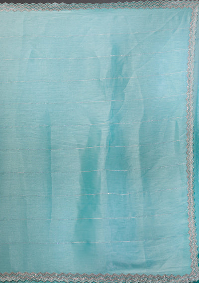 Sea Green Silver Stonework Satin Saree-Koskii