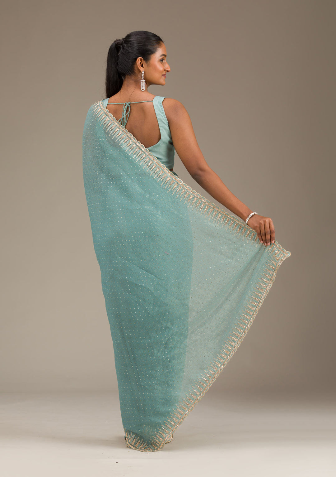 Sea Green Stonework Tissue Saree