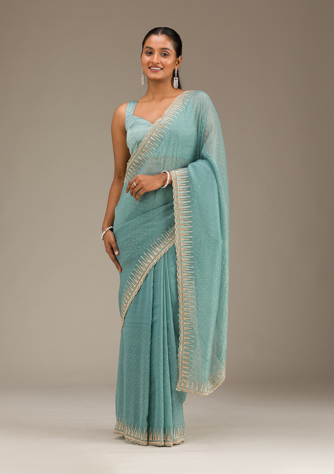 Sea Green Stonework Tissue Saree