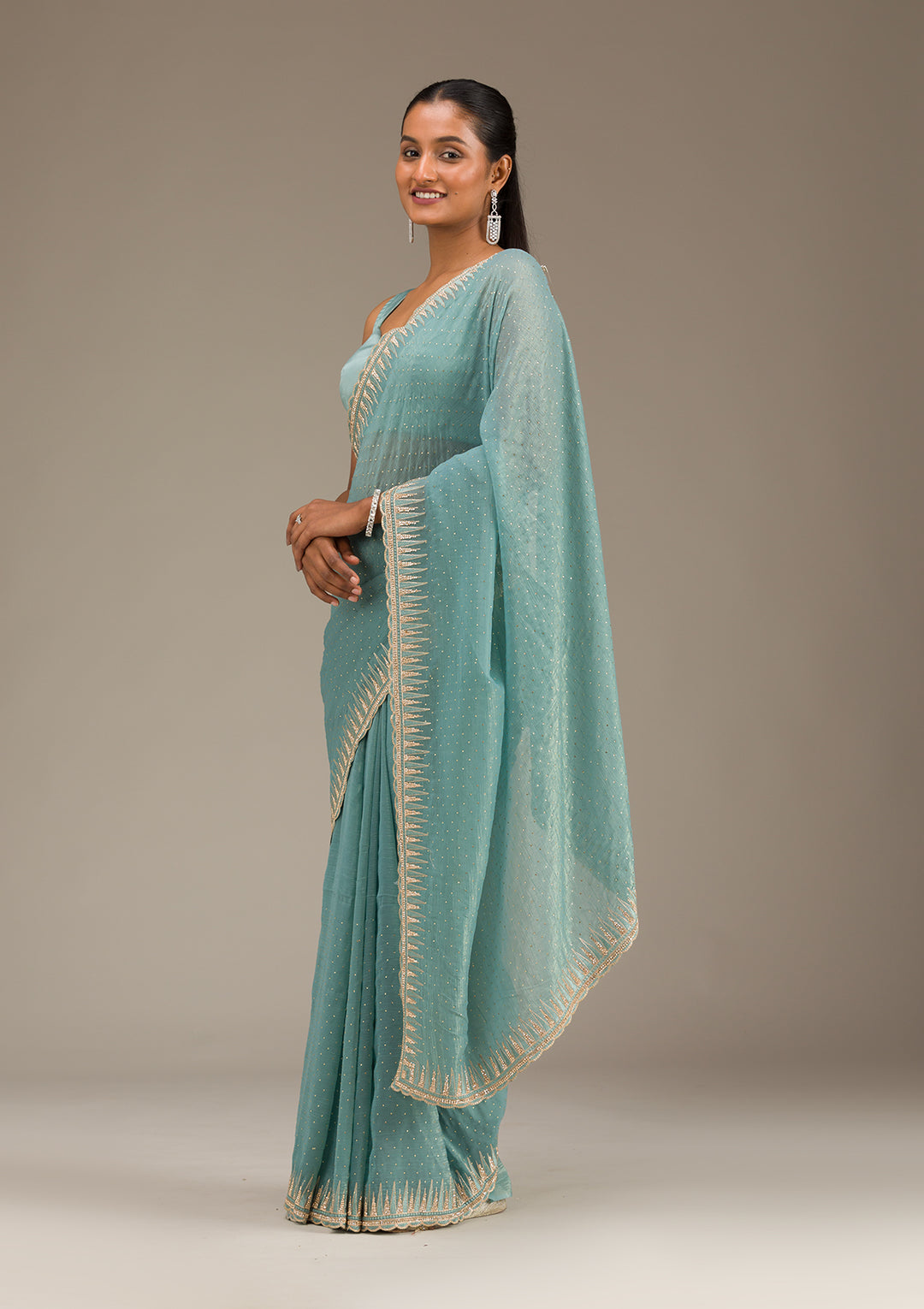 Sea Green Stonework Tissue Saree