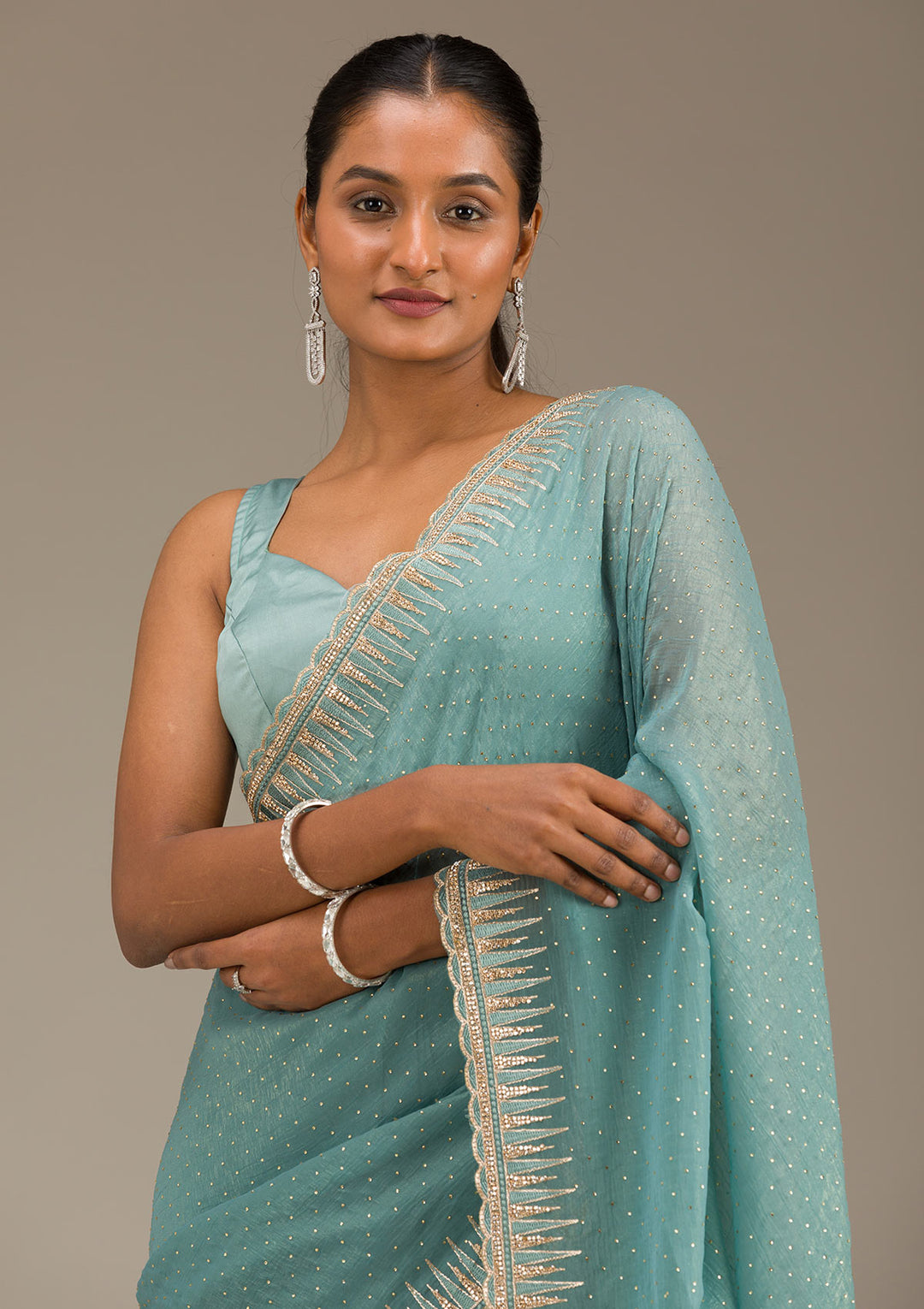 Sea Green Stonework Tissue Saree