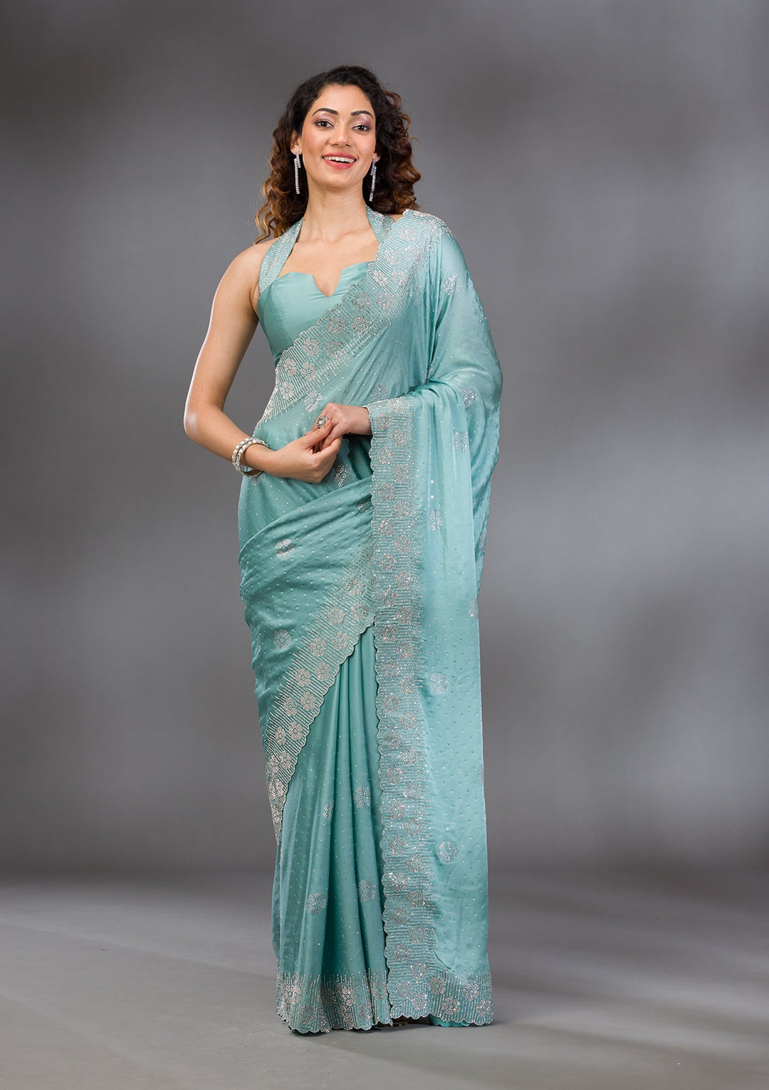 Sea Green Swarovski Satin Saree-Koskii