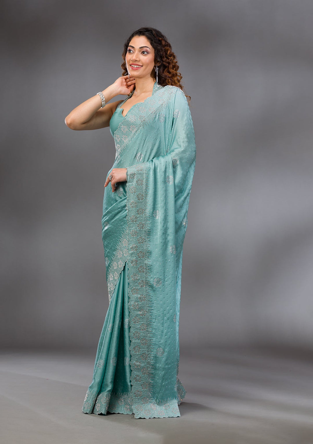 Sea Green Swarovski Satin Saree-Koskii