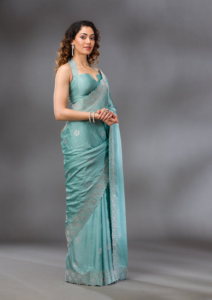 Sea Green Swarovski Satin Saree-Koskii