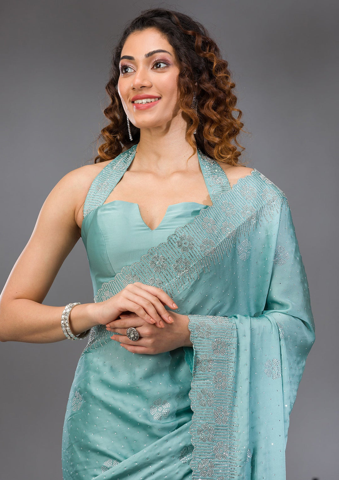 Sea Green Swarovski Satin Saree-Koskii