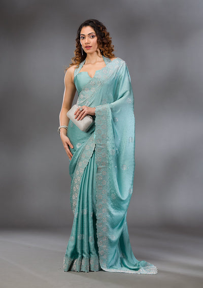 Sea Green Swarovski Satin Saree-Koskii