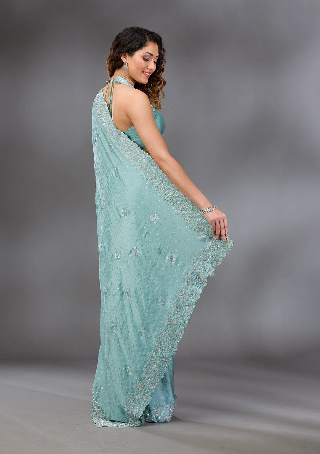 Sea Green Swarovski Satin Saree-Koskii