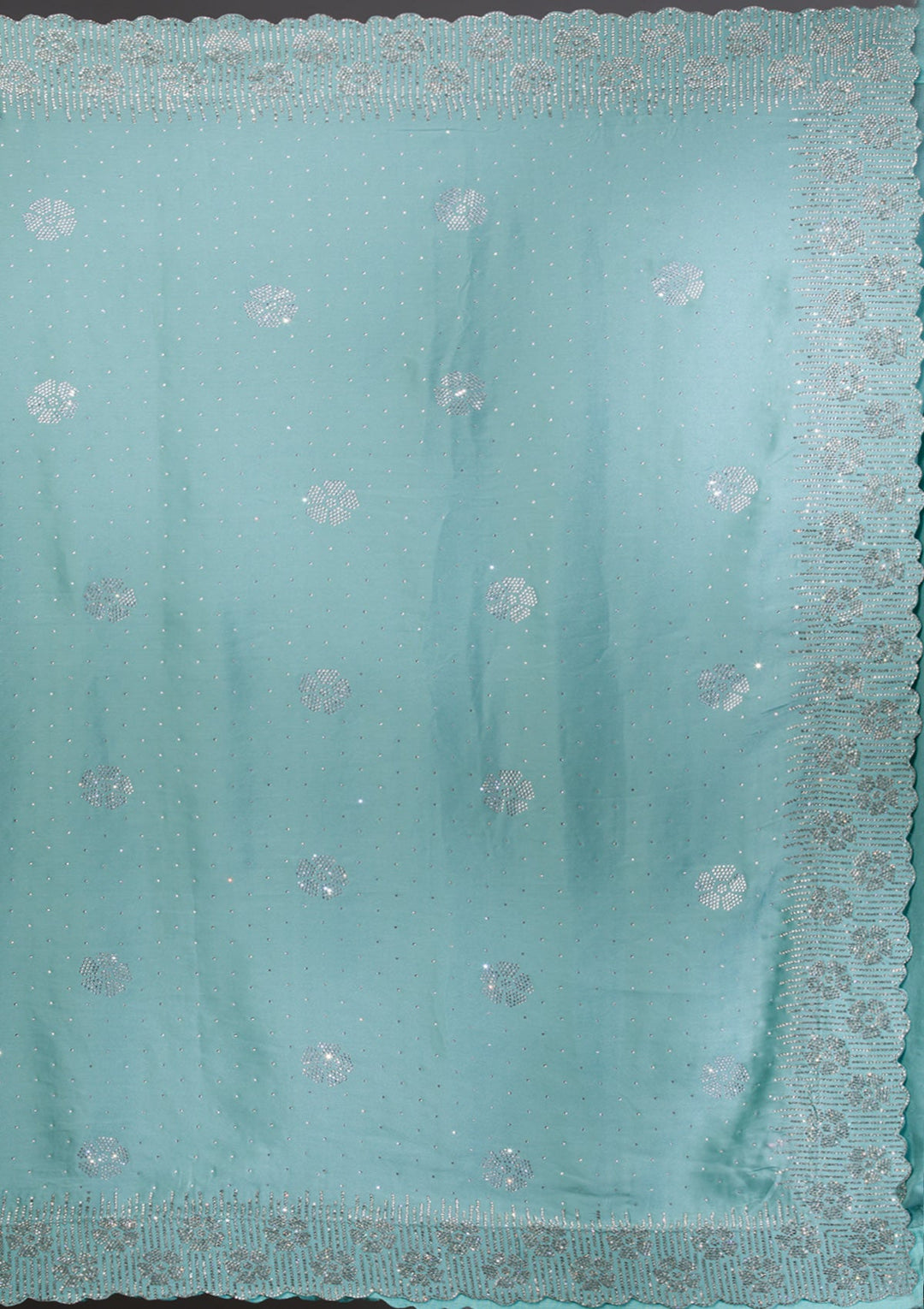Sea Green Swarovski Satin Saree-Koskii
