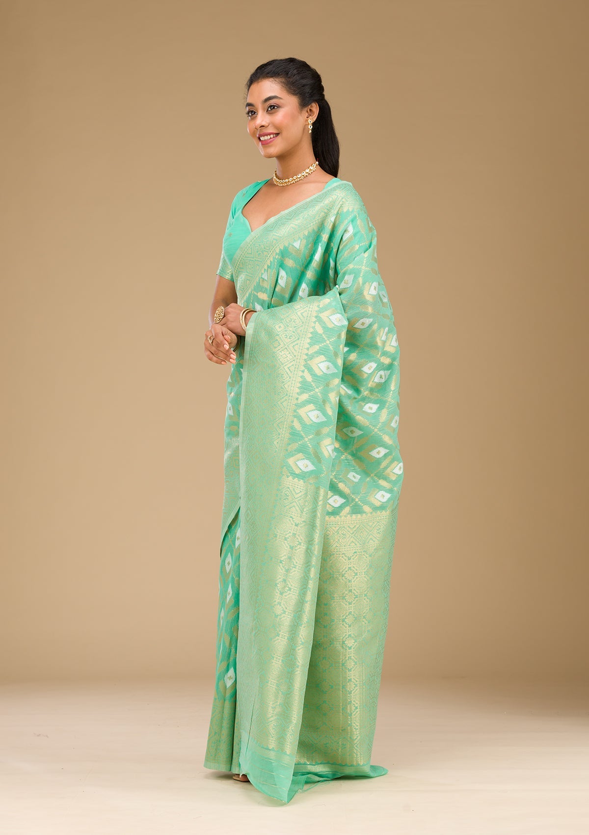 Sea Green Zariwork Art Silk Saree-Koskii