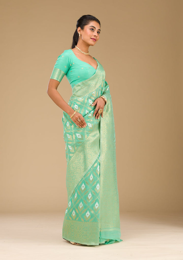 Sea Green Zariwork Art Silk Saree-Koskii