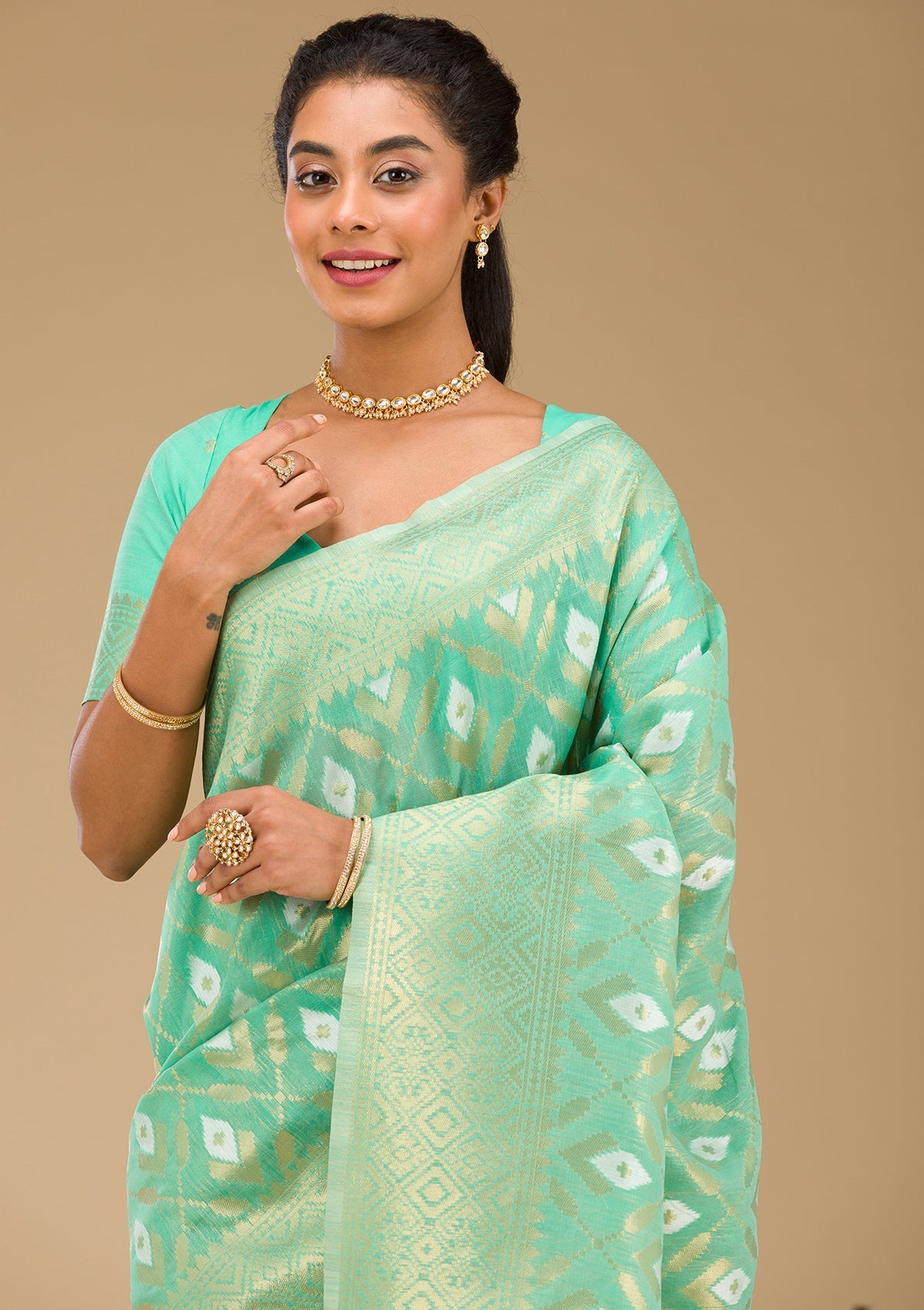 Sea Green Zariwork Art Silk Saree-Koskii