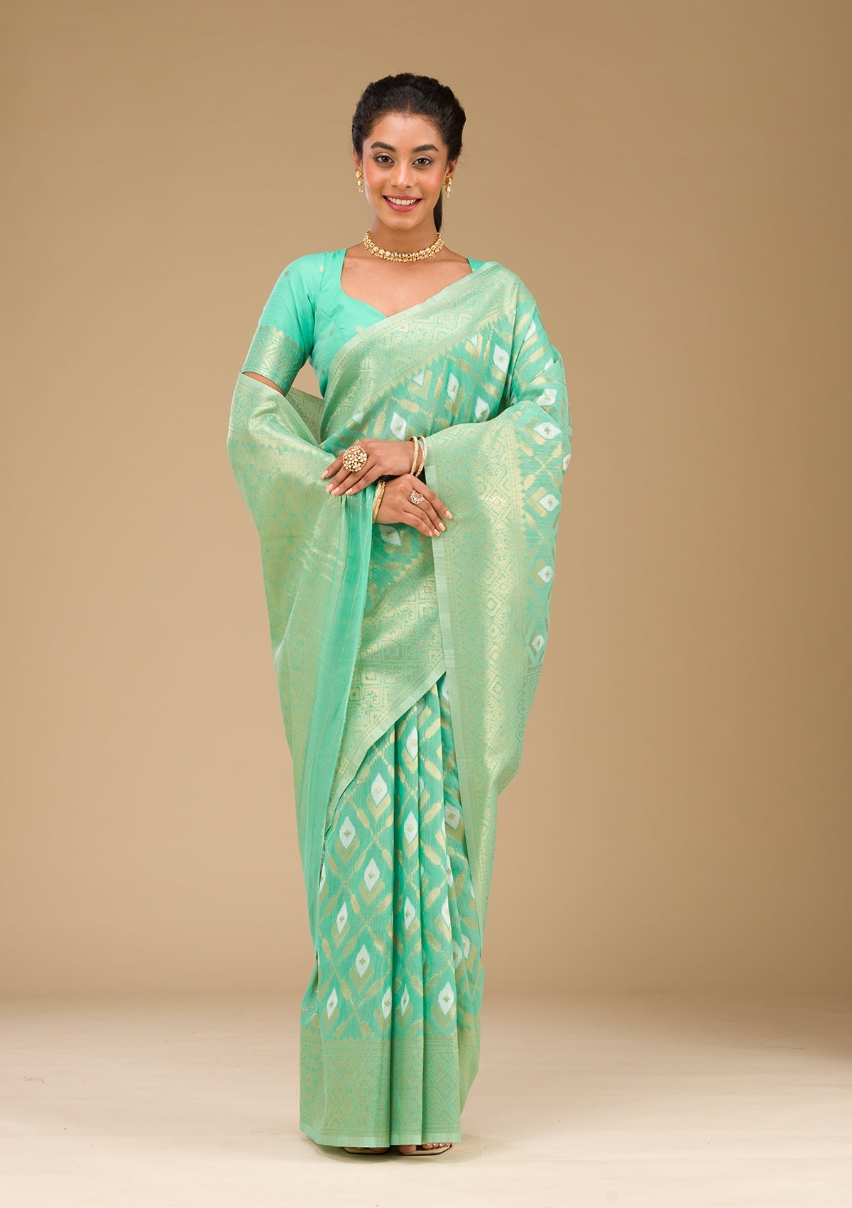 Sea Green Zariwork Art Silk Saree-Koskii