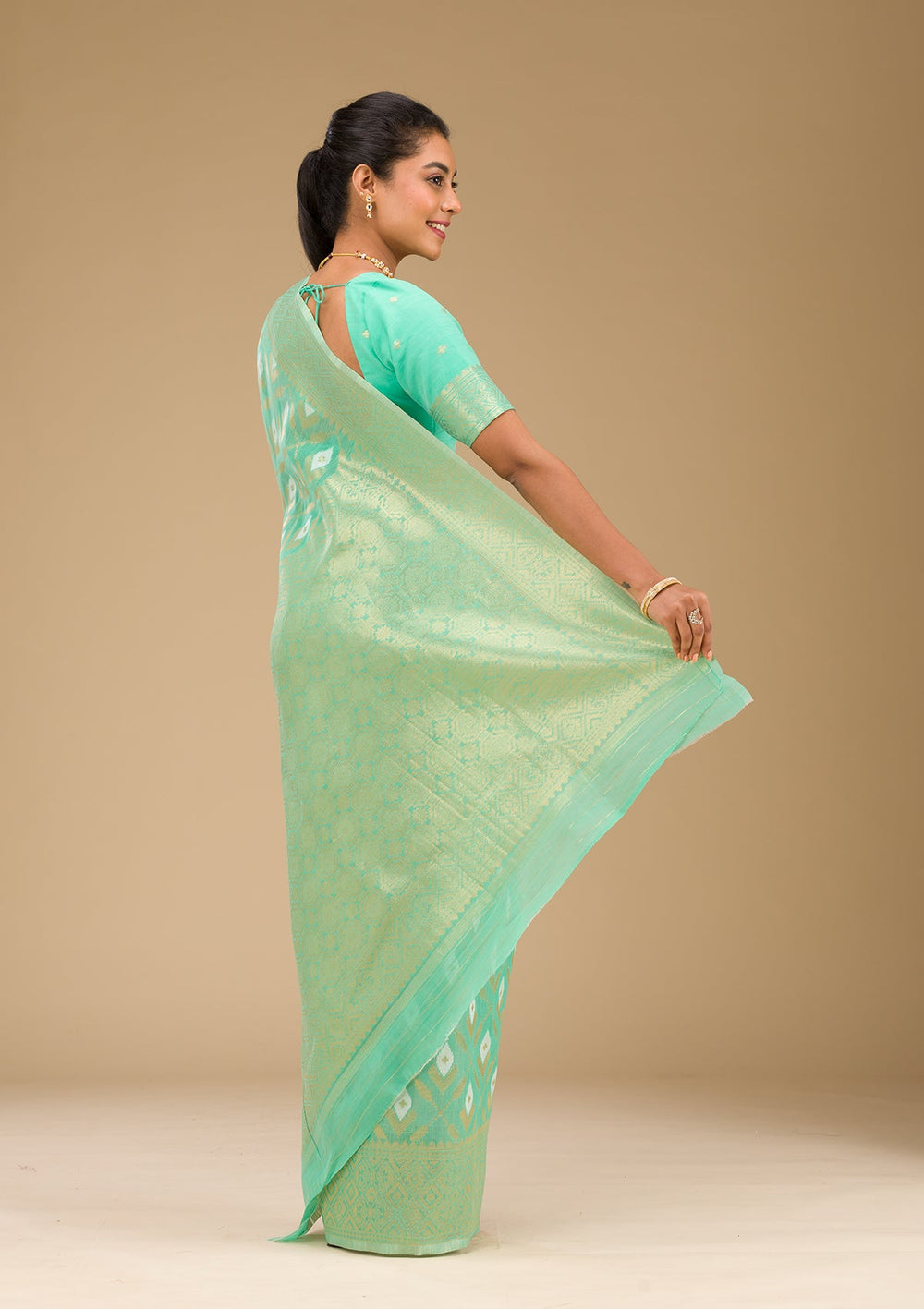 Sea Green Zariwork Art Silk Saree-Koskii
