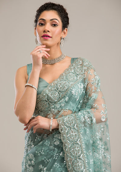 Sea Green Zariwork Net Saree