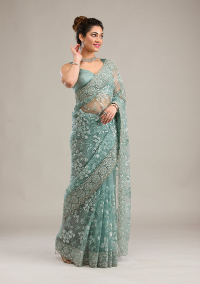 Sea Green Zariwork Net Saree