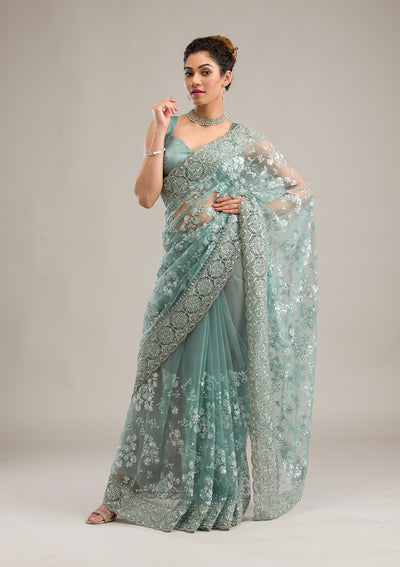 Sea Green Zariwork Net Saree