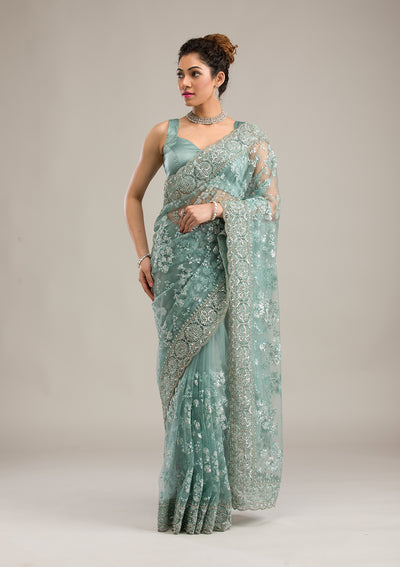 Sea Green Zariwork Net Saree