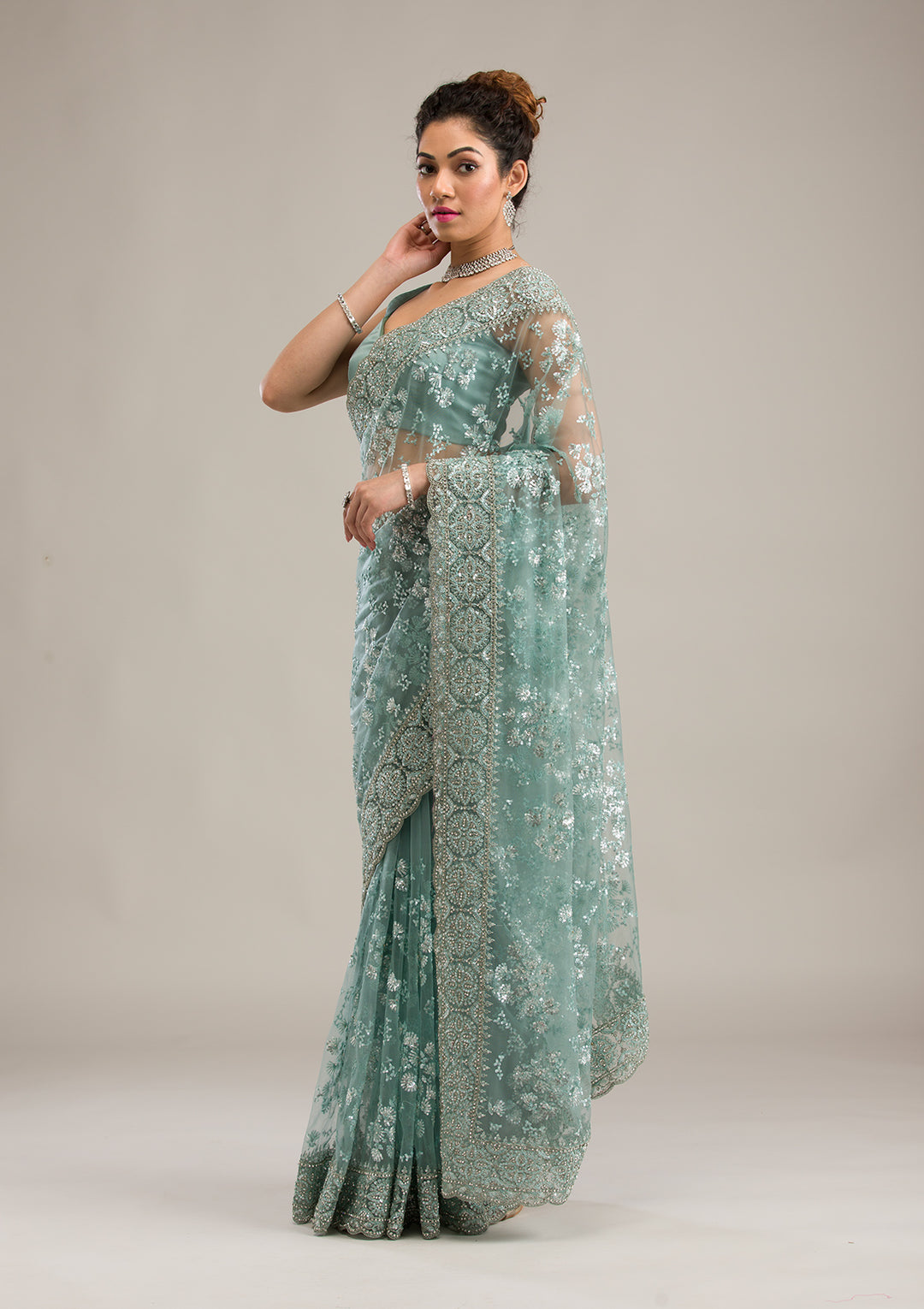 Buy Sea Green Zariwork Net Saree - Koskii Buy Sea Green Zariwork Net Saree - Koskii