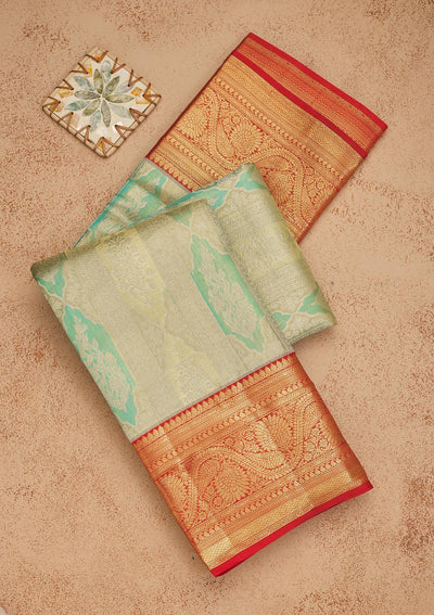 Sea Green Zariwork Pure Silk Saree-Koskii