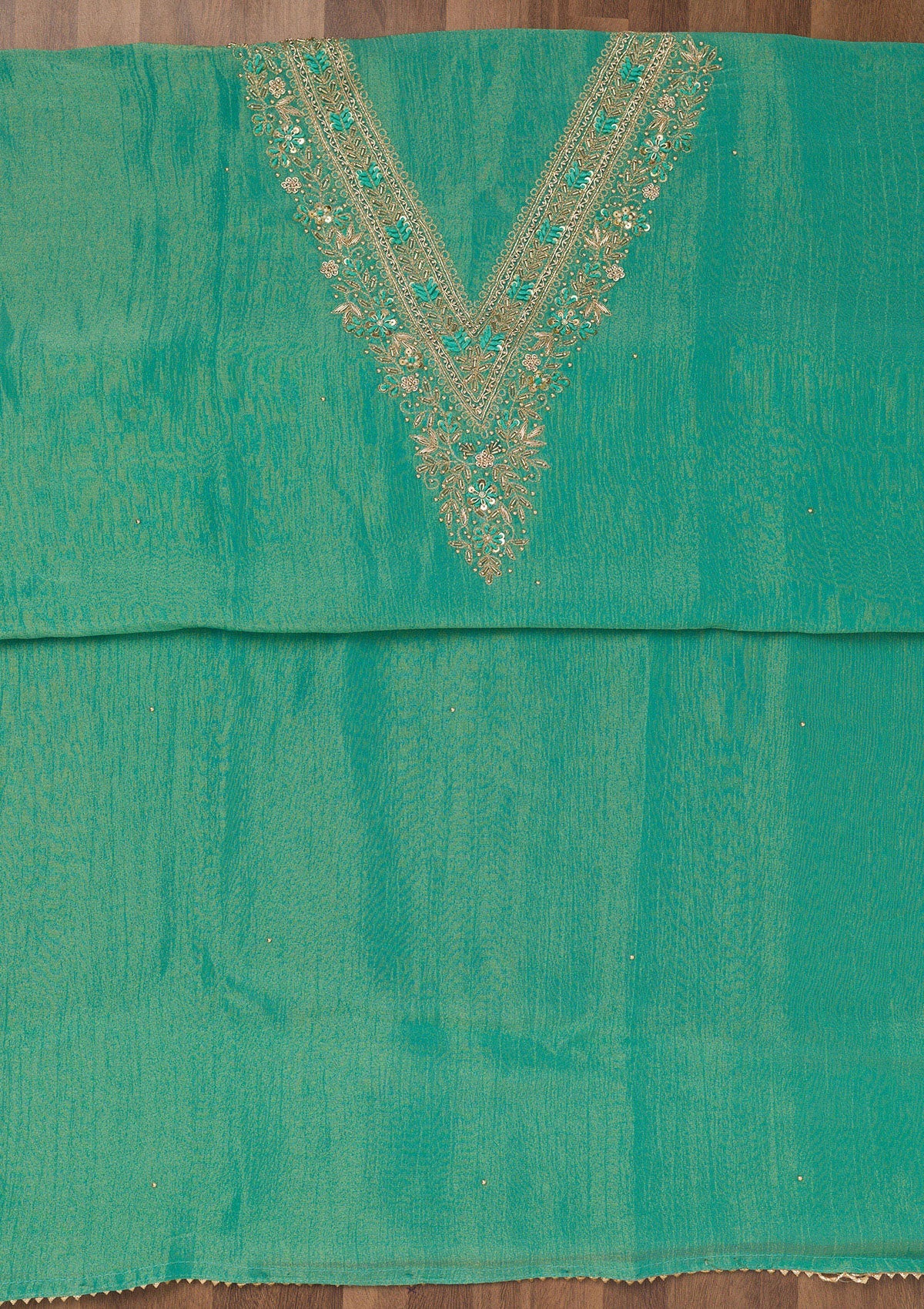 Sea Green Zariwork Raw Silk Unstitched Salwar Suit-Koskii