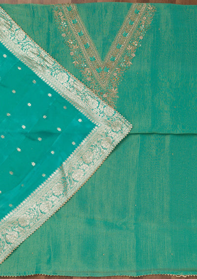 Sea Green Zariwork Raw Silk Unstitched Salwar Suit-Koskii