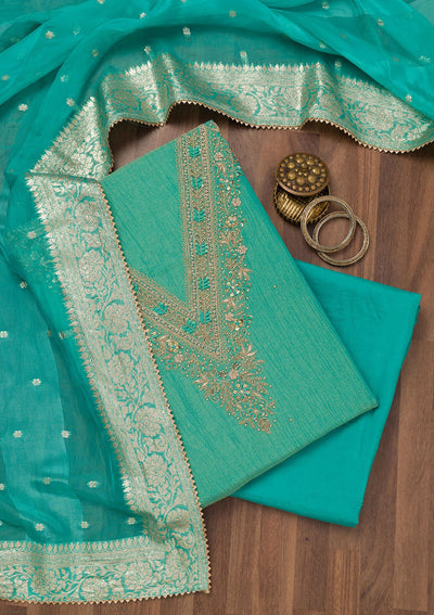 Sea Green Zariwork Raw Silk Unstitched Salwar Suit-Koskii