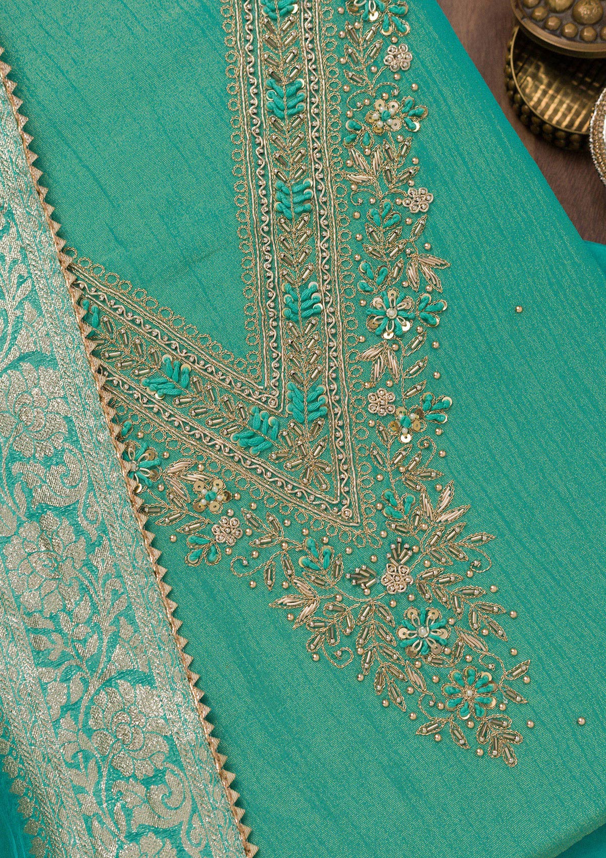 Sea Green Zariwork Raw Silk Unstitched Salwar Suit-Koskii