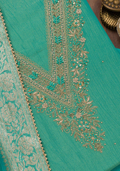 Sea Green Zariwork Raw Silk Unstitched Salwar Suit-Koskii