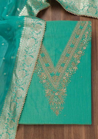 Sea Green Zariwork Raw Silk Unstitched Salwar Suit-Koskii