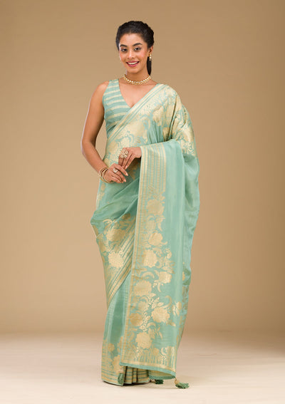 Sea Green Zariwork Raw Silk Saree-Koskii