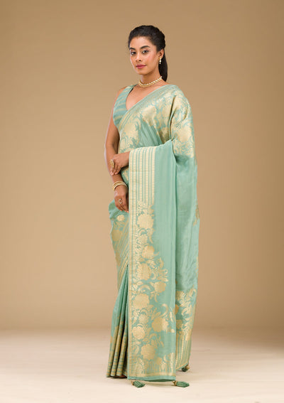 Sea Green Zariwork Raw Silk Saree-Koskii