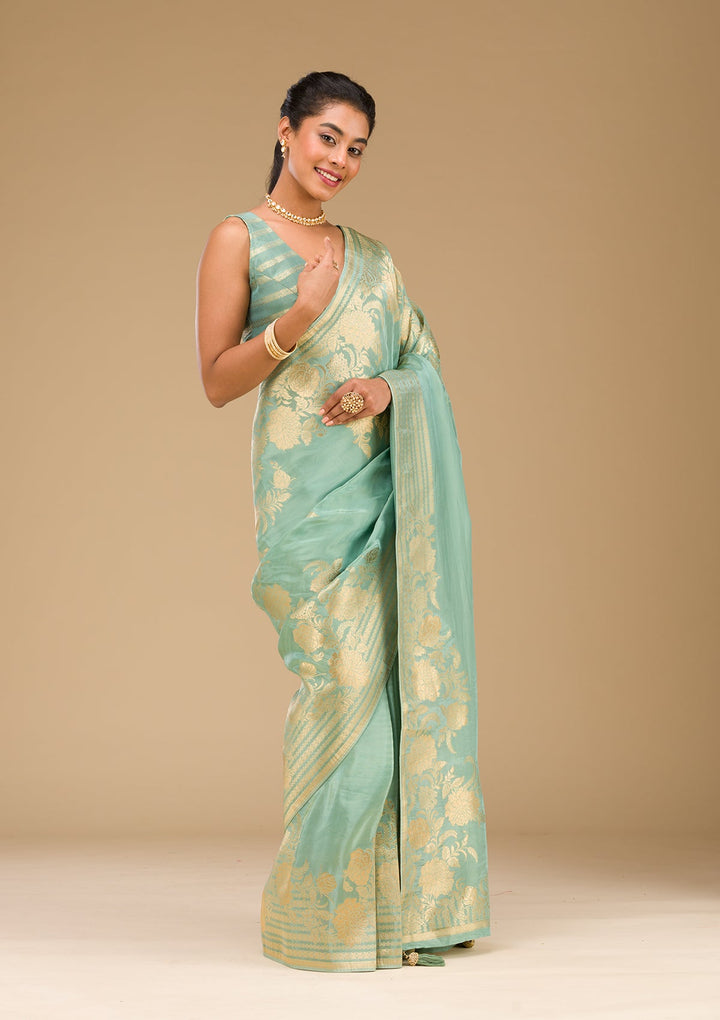 Sea Green Zariwork Raw Silk Saree-Koskii