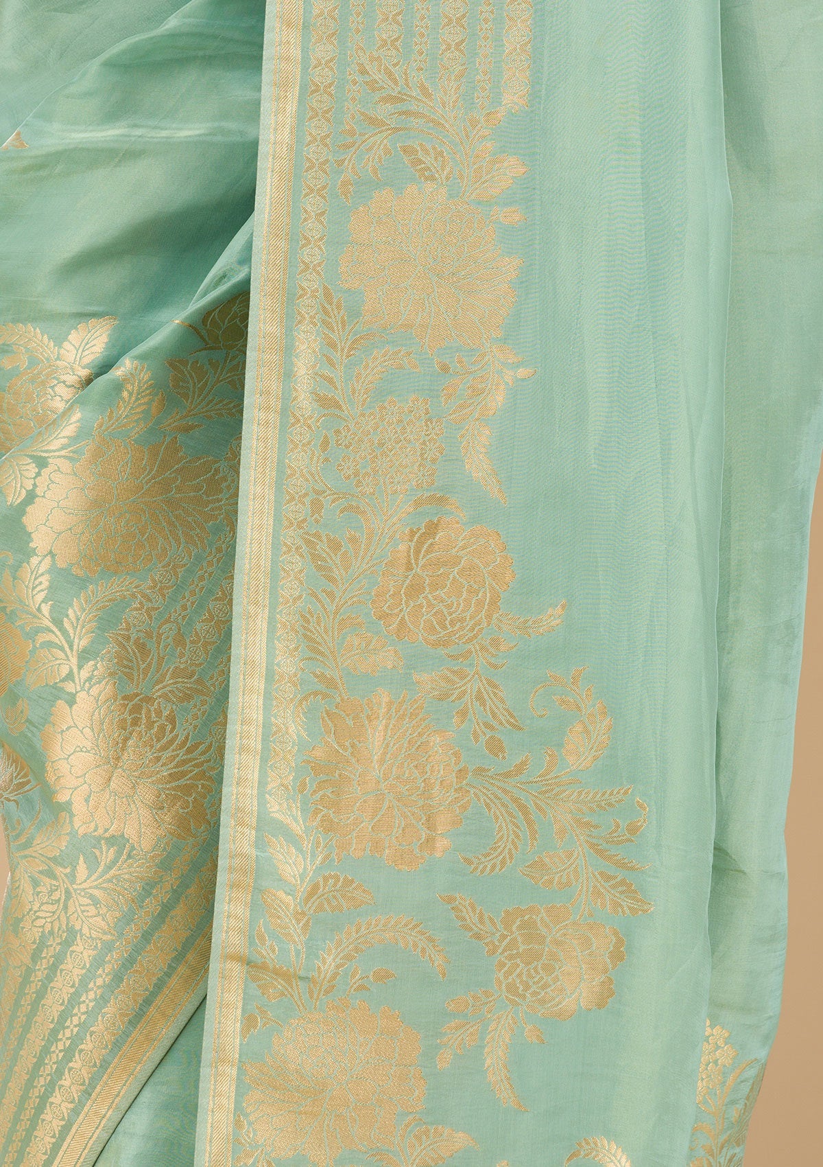 Sea Green Zariwork Raw Silk Saree-Koskii